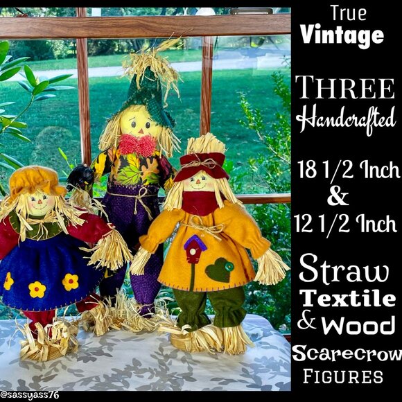🆕VTG▪️Three HANDCRAFTED 18.5" & 12.5" Straw Textile & Wood SCARECROW Figures - Picture 1 of 15
